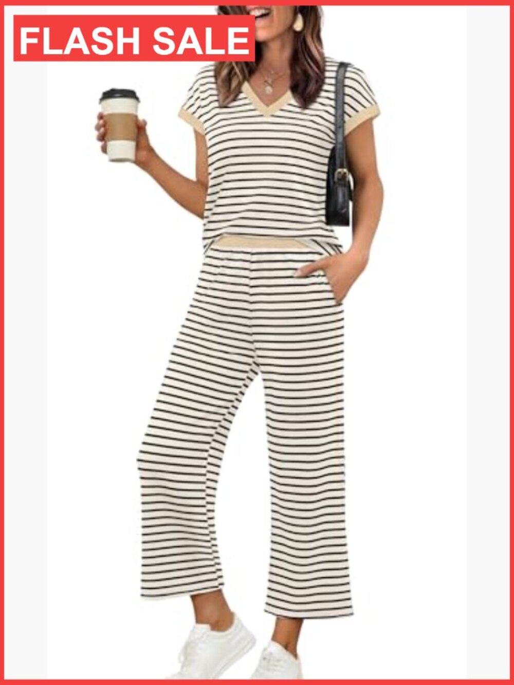 Lightweight Lounge Set, V-Neck Top & Wide Leg Pants, Size Large, Travel Outfit - Picture 2 of 7